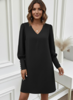 Kadın Uzun Kollu V Yakalı Kısa Ithal Krep Elbise - Görsel 2