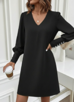 Kadın Uzun Kollu V Yakalı Kısa Ithal Krep Elbise
