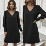 Kadın Uzun Kollu V Yakalı Kısa Ithal Krep Elbise - Görsel 3