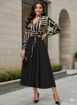 Kadın Uzun Kollu Kruvaze Yaka Dalgıç Krep Midi Boy Elbise