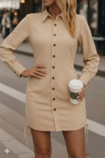 Kadın Uzun Kollu Gömlek Yaka önden Düğmeli Yanlardan Büzgülü Kısa Aerobin Elbise - Görsel 4