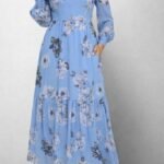 Kadın Uzun Kollu V Yakalı çiçek Desenli Maxi Süprem Elbise