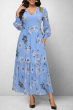 Kadın Uzun Kollu V Yakalı çiçek Desenli Maxi Süprem Elbise