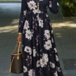 Kadın Uzun Kollu V Yakalı çiçek Desenli Maxi Süprem Elbise