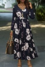 Kadın Uzun Kollu V Yakalı çiçek Desenli Maxi Süprem Elbise