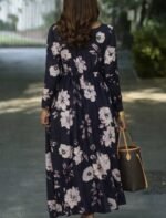 Kadın Uzun Kollu V Yakalı çiçek Desenli Maxi Süprem Elbise - Görsel 3