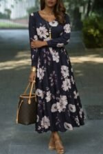 Kadın Uzun Kollu V Yakalı çiçek Desenli Maxi Süprem Elbise - Görsel 2
