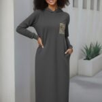 Kadın Uzun Kollu Kapşonlu Cep Detaylı Viskon Iki Iplik Maxi Elbise