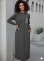 Kadın Uzun Kollu Kapşonlu Cep Detaylı Viskon Iki Iplik Maxi Elbise