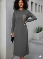 Kadın Uzun Kollu Kapşonlu Cep Detaylı Viskon Iki Iplik Maxi Elbise - Görsel 2