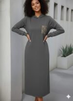 Kadın Uzun Kollu Kapşonlu Cep Detaylı Viskon Iki Iplik Maxi Elbise - Görsel 3