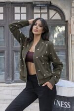 Kadın Uzun Kollu önden Fermuarlı Incili Kısa Modal Ceket