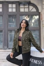 Kadın Uzun Kollu önden Fermuarlı Incili Kısa Modal Ceket - Görsel 3