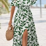 Kadın Madonna Yaka Göğüs Lastikli Yırtmaçlı Uzun Desenli Süprem Elbise