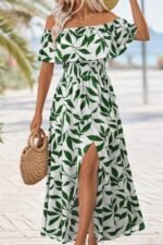 Kadın Madonna Yaka Göğüs Lastikli Yırtmaçlı Uzun Desenli Süprem Elbise