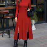 Kadın Uzun Kollu Hafif Kayık Yaka Sırt Dekolteli Yırtmaç Detaylı Viskon Tam Boy Elbise