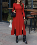 Kadın Uzun Kollu Hafif Kayık Yaka Sırt Dekolteli Yırtmaç Detaylı Viskon Tam Boy Elbise - Görsel 2