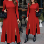 Kadın Uzun Kollu Hafif Kayık Yaka Sırt Dekolteli Yırtmaç Detaylı Viskon Tam Boy Elbise - Görsel 3