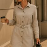 Kadın Uzun Kollu Yakalı önden Düğmeli Beli Kuşaklı Mini Ithal Keten Elbise