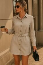 Kadın Uzun Kollu Yakalı önden Düğmeli Beli Kuşaklı Mini Ithal Keten Elbise