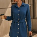 Kadın Uzun Kollu Yakalı önden Düğmeli Beli Kuşaklı Mini Ithal Keten Elbise