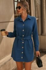 Kadın Uzun Kollu Yakalı önden Düğmeli Beli Kuşaklı Mini Ithal Keten Elbise