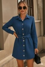 Kadın Uzun Kollu Yakalı önden Düğmeli Beli Kuşaklı Mini Ithal Keten Elbise - Görsel 2