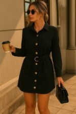 Kadın Uzun Kollu Yakalı önden Düğmeli Beli Kuşaklı Mini Ithal Keten Elbise