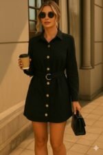 Kadın Uzun Kollu Yakalı önden Düğmeli Beli Kuşaklı Mini Ithal Keten Elbise - Görsel 2