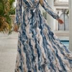 Kadın Uzun Kollu Kruvaze Yakalı Beli Kuşaklı Desenli Süprem Maxi Elbise