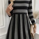 Kadın Uzun Kollu Bisiklet Yaka çizgili Desen Detaylı Süprem Mini Elbise