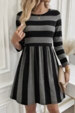 Kadın Uzun Kollu Bisiklet Yaka çizgili Desen Detaylı Süprem Mini Elbise