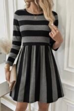Kadın Uzun Kollu Bisiklet Yaka çizgili Desen Detaylı Süprem Mini Elbise - Görsel 2