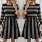 Kadın Uzun Kollu Bisiklet Yaka çizgili Desen Detaylı Süprem Mini Elbise - Görsel 3