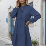 Kadın Uzun Kollu Yakadan Bağcıklı Fırfırlı Keten Mini Elbise