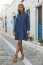 Kadın Uzun Kollu Yakadan Bağcıklı Fırfırlı Keten Mini Elbise - Görsel 3