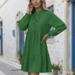 Kadın Uzun Kollu Yakadan Bağcıklı Fırfırlı Keten Mini Elbise