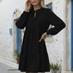 Kadın Uzun Kollu Yakadan Bağcıklı Fırfırlı Keten Mini Elbise