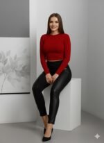 Kadın Yüksek Bel Deri Detaylı Fermuarlı Dalgıç Tayt - Görsel 2