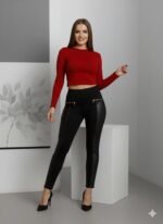 Kadın Yüksek Bel Deri Detaylı Fermuarlı Dalgıç Tayt - Görsel 4