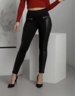 Kadın Yüksek Bel Deri Detaylı Fermuarlı Dalgıç Tayt - Görsel 5