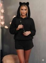 Kadın Uzun Kollu Kapşonlu Peluş Bluz Ve Kısa Short Ikili Takım