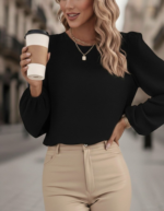 Kadın Uzun Kollu Yuvarlak Yaka Arkadan Bağcıklı Salaş Ithal Krep Bluz - Görsel 4