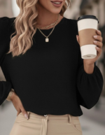 Kadın Uzun Kollu Yuvarlak Yaka Arkadan Bağcıklı Salaş Ithal Krep Bluz - Görsel 5