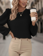 Kadın Uzun Kollu Yuvarlak Yaka Arkadan Bağcıklı Salaş Ithal Krep Bluz - Görsel 6