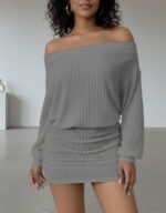 Kadın Uzun Kollu Madonna Yaka Yanlardan Büzgülü şardonlu Kaşkorse Mini Elbise