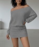 Kadın Uzun Kollu Madonna Yaka Yanlardan Büzgülü şardonlu Kaşkorse Mini Elbise - Görsel 2