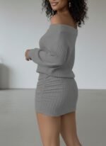 Kadın Uzun Kollu Madonna Yaka Yanlardan Büzgülü şardonlu Kaşkorse Mini Elbise - Görsel 3