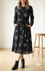 Kadın Uzun Kollu Hakim Yakalı Düğmeli Kuşaklı Desenli Maxi Mikro Süprem Elbise