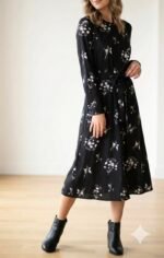 Kadın Uzun Kollu Hakim Yakalı Düğmeli Kuşaklı Desenli Maxi Mikro Süprem Elbise - Görsel 3